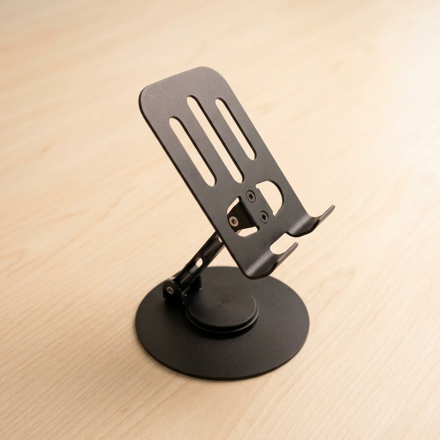 Soporte para celular 360° de metal negro con base giratoria sobre escritorio de madera
